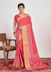 Shop Elegant Carmine Pink Cotton Silk Batik Print Saree